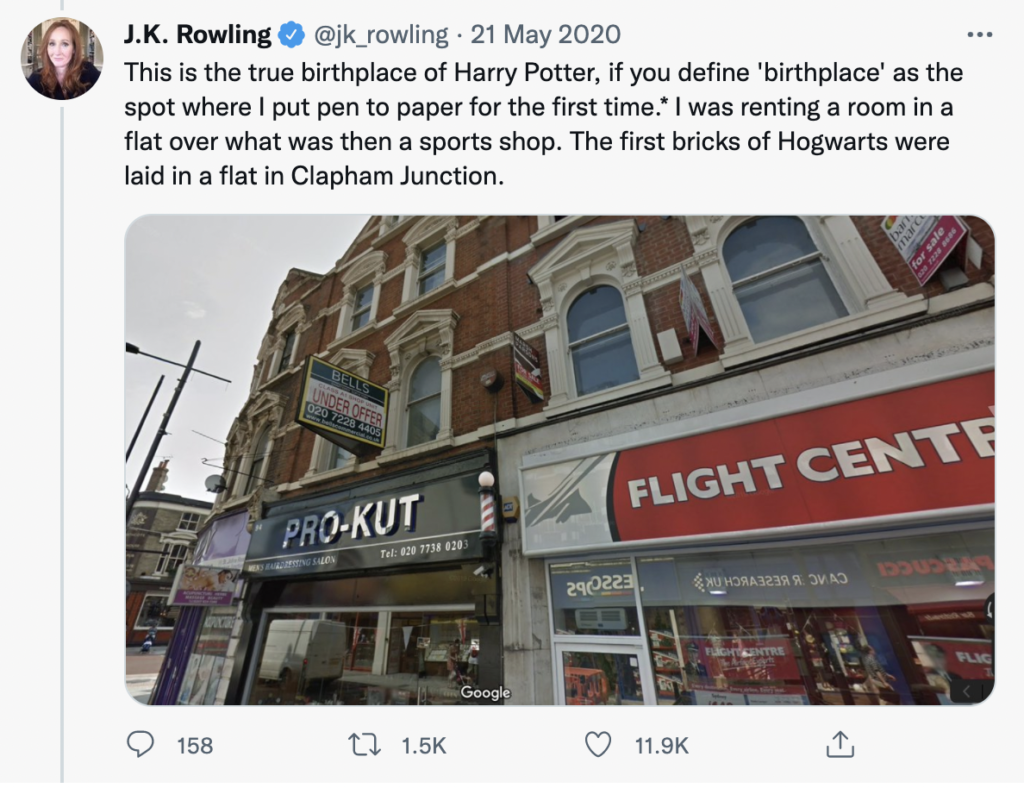 Jk Rowling Tweet birthplace of Harry Potter