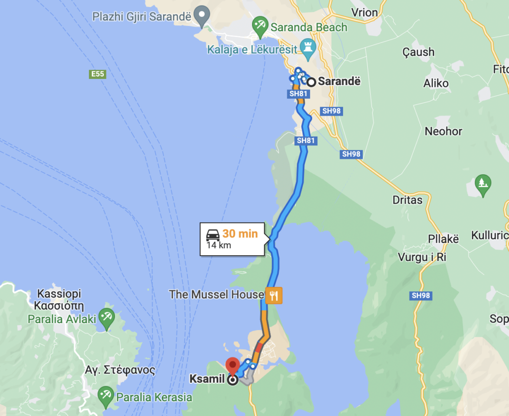 Google Maps showing the distance between Sarandë to Ksamil 