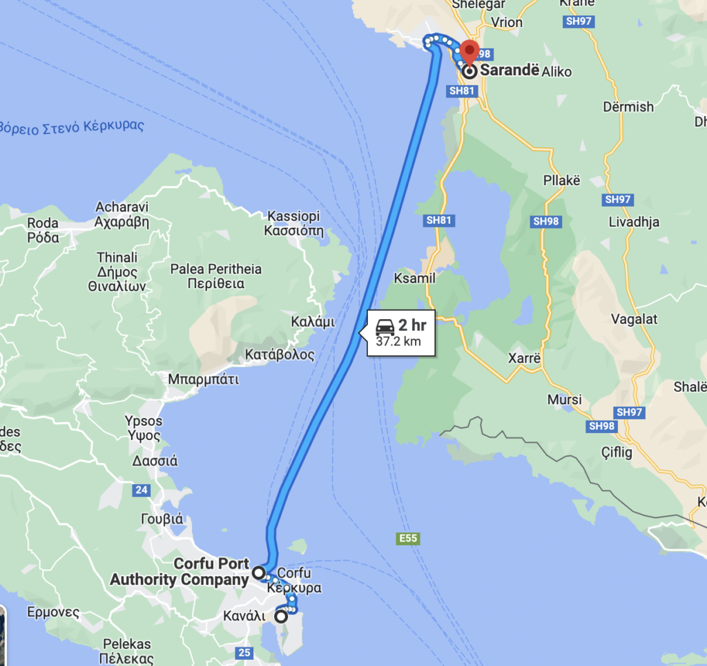 Google Maps showing how to get from Corfu Airport to Sarandë via Corfu Ferries 