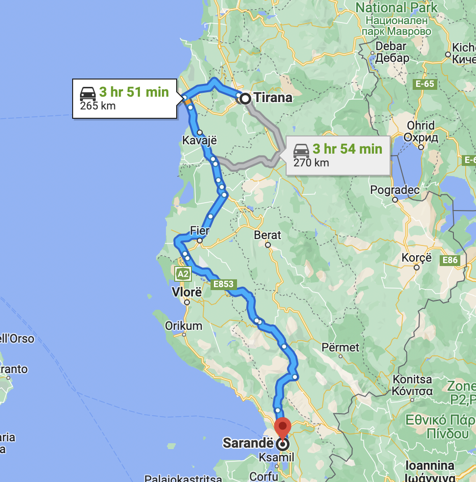 Google Maps showing the distance between Tirana and Sarandë in Albania 